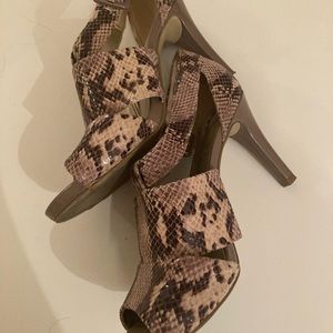 Open-Toed Faux Snakeskin Pumps